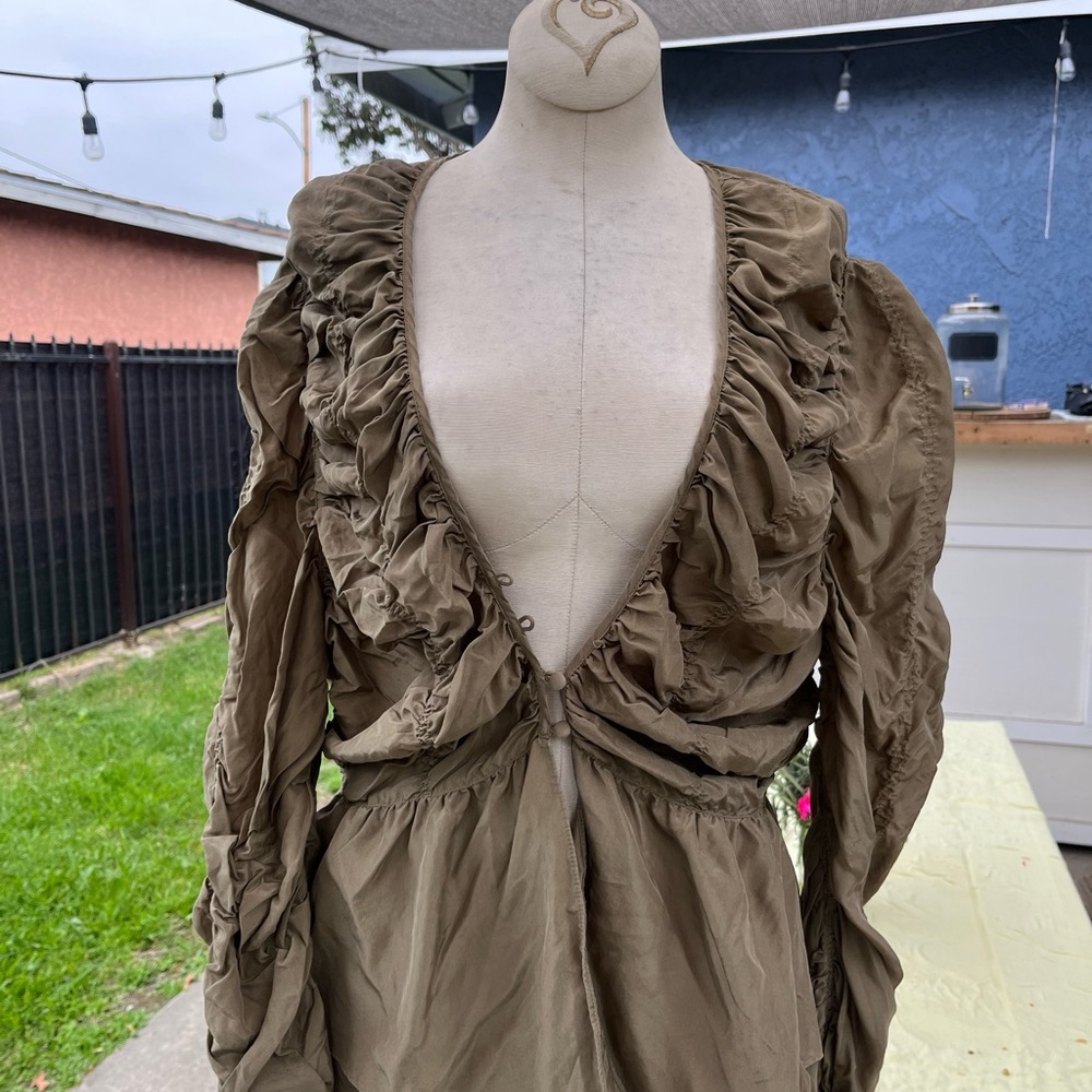 Olive Green Ruffled V-Neck Top AS IS